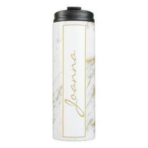Monogrammed Gold Glitter On White Marble Thermal Tumbler