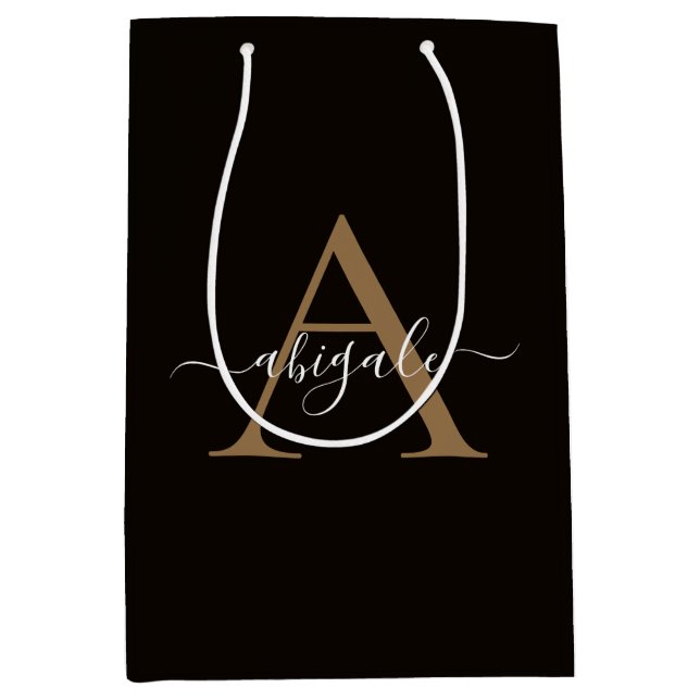 Monogrammed Gold Leather Black | Minimal Elegant Medium Gift Bag (Front)