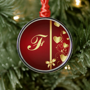 Monogrammed Gold Love Hearts and Flourishes Metal Ornament