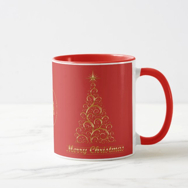 Monogrammed Gold Merry Christmas Tree Star Holiday Mug (Right)