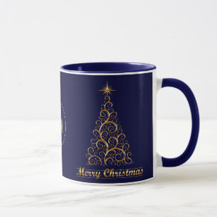 Monogrammed Gold Merry Christmas Tree Star Holiday Mug
