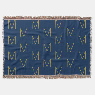 Monogrammed gold navy blue custom initial letter  throw blanket