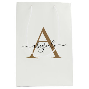 Monogrammed Gold Pearl White   Minimal Elegant Medium Gift Bag