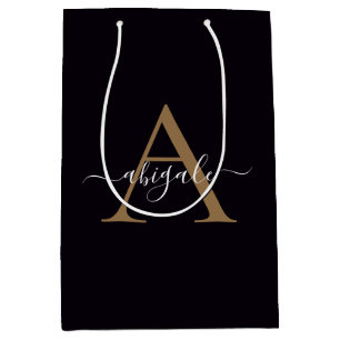 Monogrammed Gold Pitch Black Minimal Elegant Medium Gift Bag