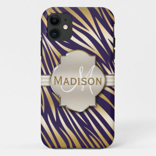 Monogrammed Gold Purple Zebra Print Pattern iPhone 11 Case