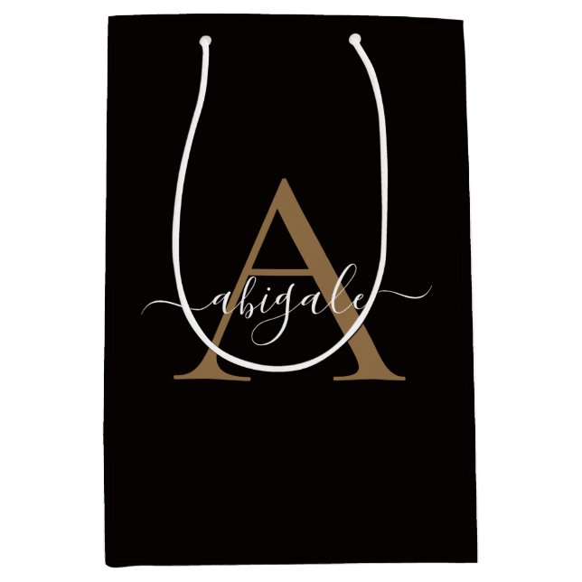 Monogrammed Gold Sable Black | Minimal Elegant Medium Gift Bag (Front)