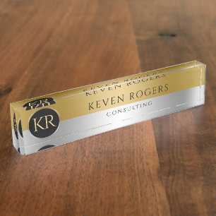 Monogrammed Gold & Silver Modern Geometric Design Nameplate