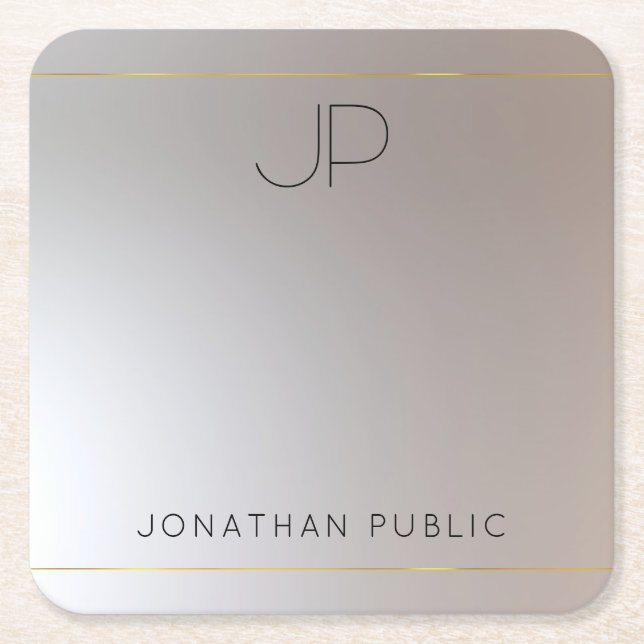 Monogrammed Gold Silver Template Glamour Modern Square Paper Coaster (Front)