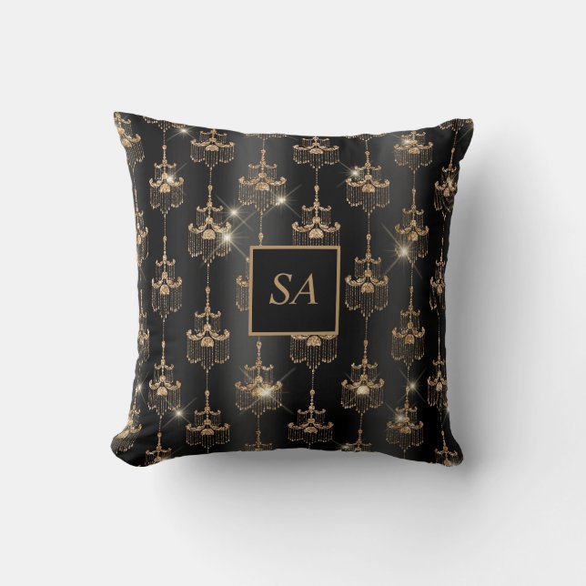 Monogrammed Gold Sparkle Chandelier Black Throw Pillow (Front)