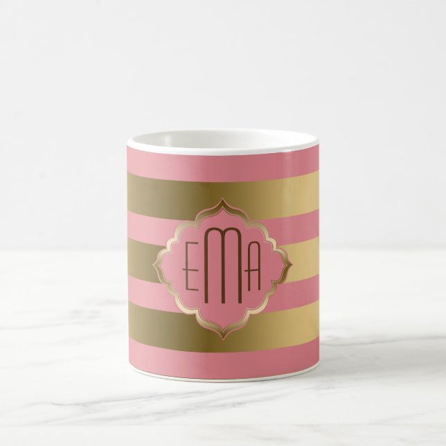 Monogrammed Gold Stripes & Pink Geometric Pattern Coffee Mug (Center)