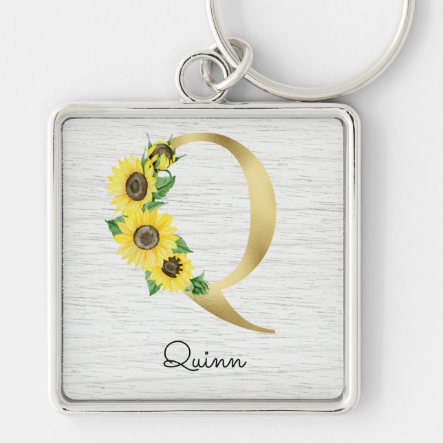 Monogrammed Gold Sunflower Floral Initial Q Keychain (Front)