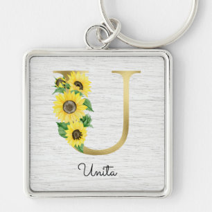 Monogrammed Gold Sunflower Floral Initial U Keychain