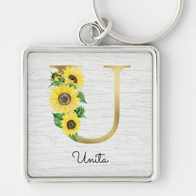 Monogrammed Gold Sunflower Floral Initial U Keychain (Front)