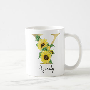 Monogrammed Gold Sunflower Floral Initial Y Coffee Mug