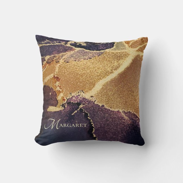 Monogrammed Gold Tan Purple Artistic Throw Pillow (Front)