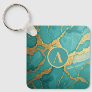 Monogrammed Gold & Teal Luxe Marble Keychain