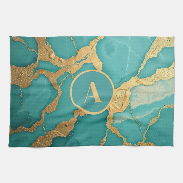 Monogrammed Gold & Teal Luxe Marble Kitchen Towel (Horizontal)