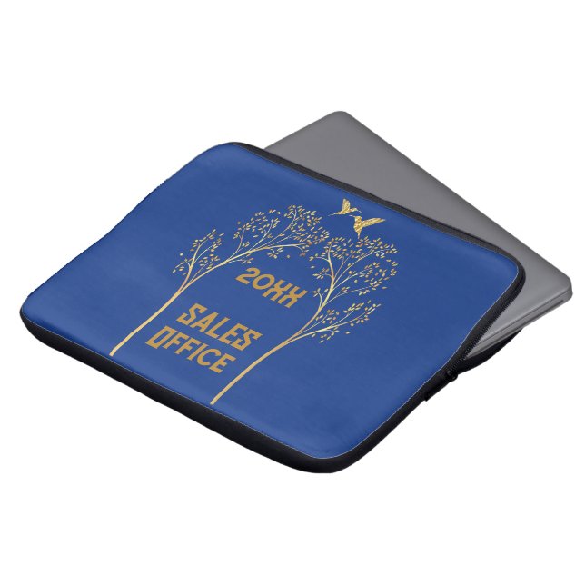 Monogrammed Gold Trees with Birds on Blue | Laptop Sleeve (Front Top)
