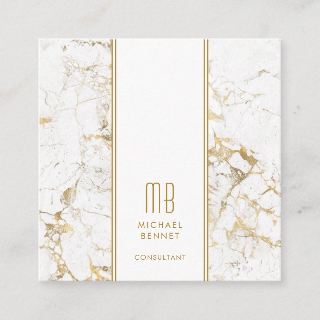 Monogrammed Gold White Marble Consultant Square Business Card (Front)