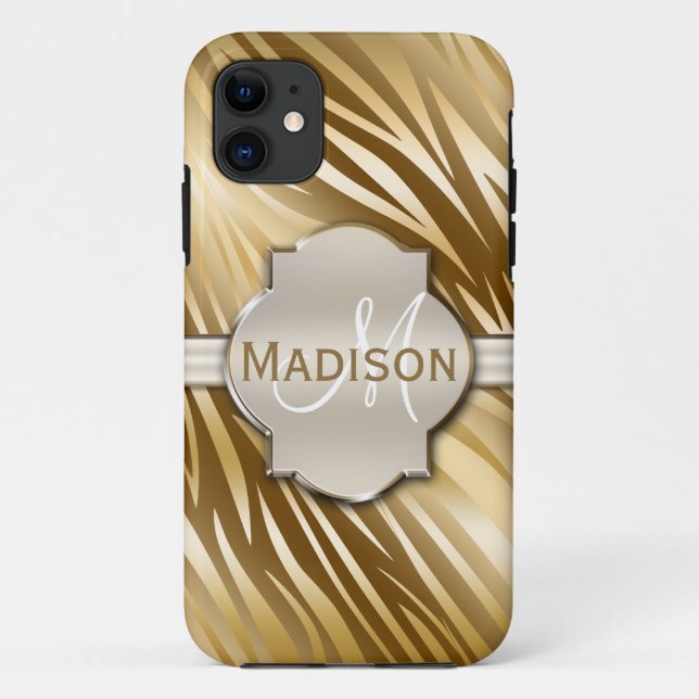 Monogrammed Gold Zebra Print Pattern Case-Mate iPhone Case (Back)