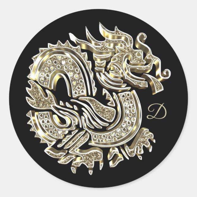 Monogrammed Golden Dragon Logo Elegant Classic Round Sticker (Front)