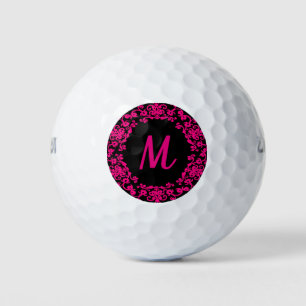 Monogrammed Golf Ball Girly Black & Bright Pink