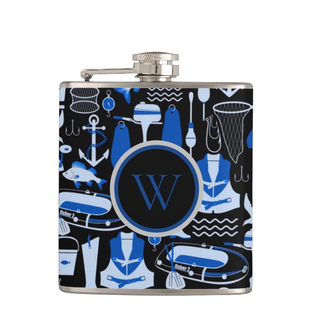 Monogrammed Gone Fishing Blue Pattern Hip Flask (Front)