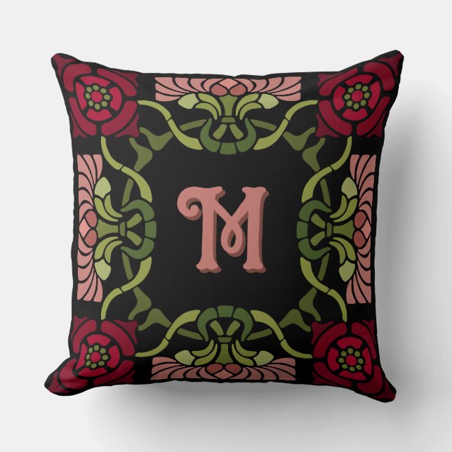 Monogrammed Goth Art Nouveau Rose and Dahlia Reds Throw Pillow (Front)