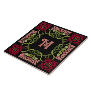 Monogrammed Goth Art Nouveau Rose and Dahlia Reds Tile