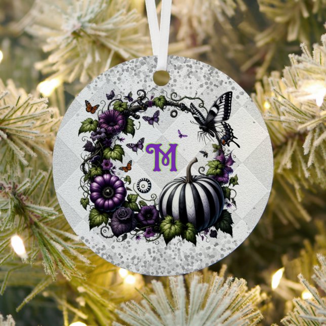Monogrammed Goth Halloween Tree Pumpkin  Metal Ornament (Insitu)