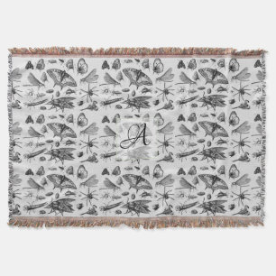 Monogrammed GOTHIC BUGS Vintage Ink Insects Black Throw Blanket