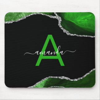 Monogrammed Green Agate with Silver Glitter Accent Mouse Pad