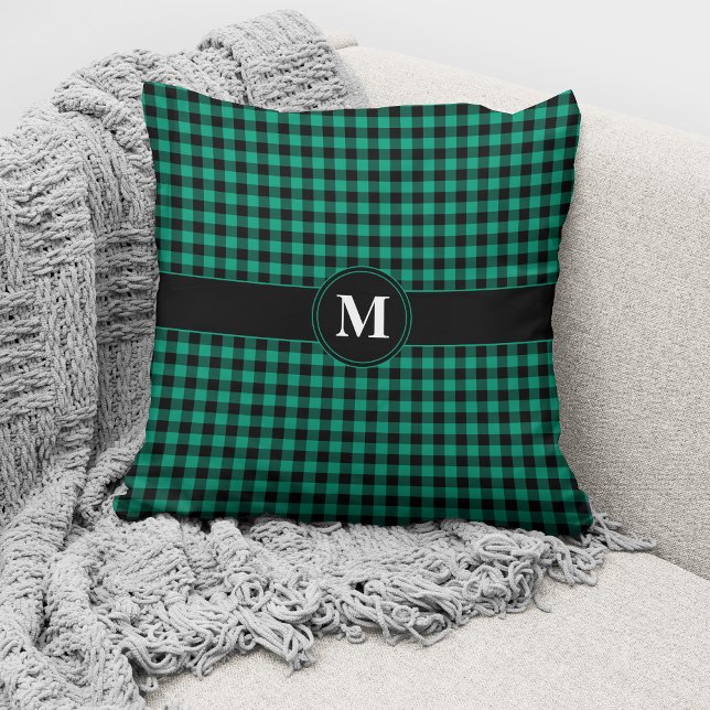 Monogrammed Green And Black Gingham Pattern Throw  Pillow (Creator Uploaded)
