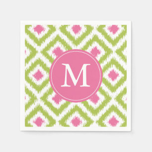 Monogrammed Green and Pink Ikat Diamonds Pattern Napkin