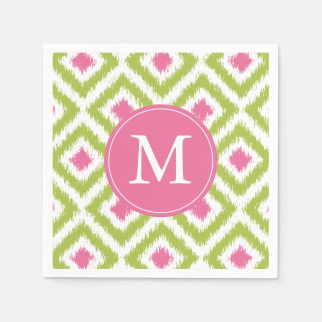 Monogrammed Green and Pink Ikat Diamonds Pattern Napkin (Front)
