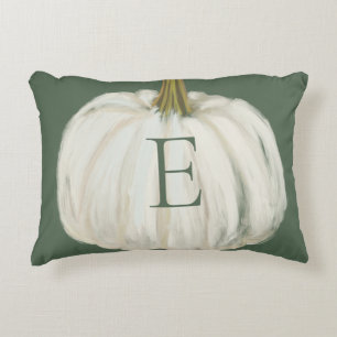 Monogrammed Green and White Fall Pumpkin Accent Pillow