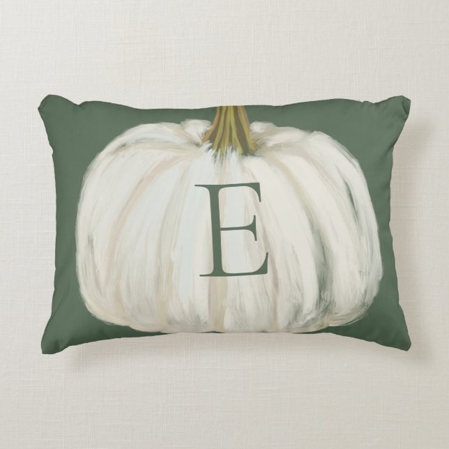 Monogrammed Green and White Fall Pumpkin Accent Pillow (Front)