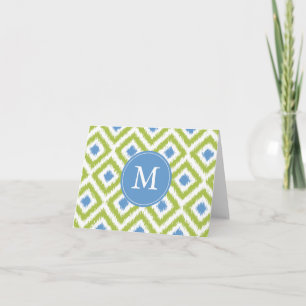 Monogrammed Green Blue Diamonds Ikat Pattern Note Card