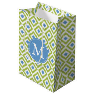 Monogrammed Green Blue Ikat Pattern Medium Gift Bag