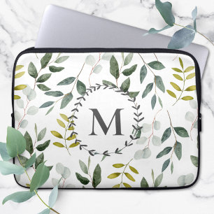 Monogrammed Green Eucalyptus Tropical Leaves Laptop Sleeve