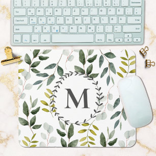Monogrammed Green Eucalyptus Tropical Leaves Mouse Pad