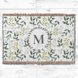 Monogrammed Green Eucalyptus Tropical Leaves Throw Blanket