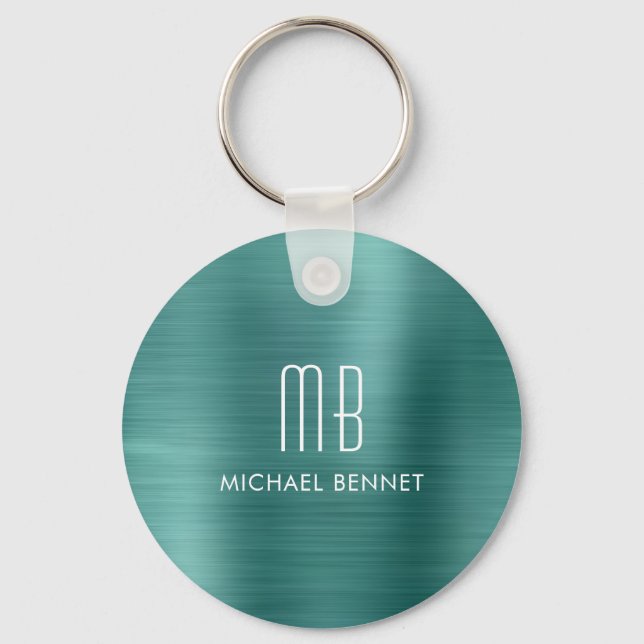 Monogrammed Green Faux Brushed Metal Keychain (Front)