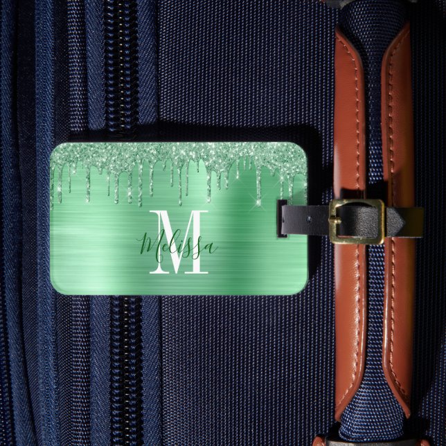 Monogrammed Green Glitter Drip Brushed Metal  Luggage Tag (Front Insitu 4)
