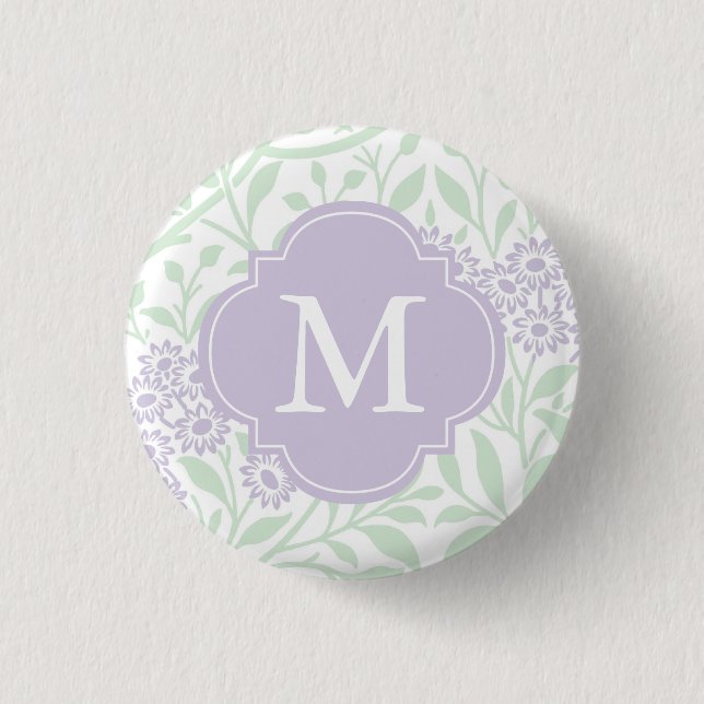 Monogrammed Green Lavender Floral Damask Pattern 1 Inch Round Button (Front)