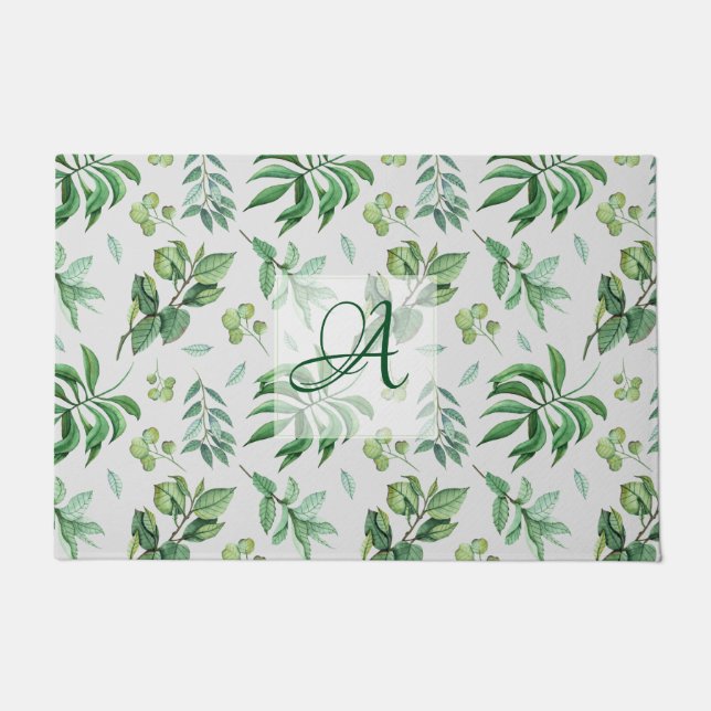 Monogrammed Green Leave Botanical Home Decor Doormat (Front)