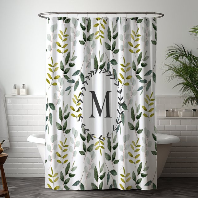 Monogrammed Green Leaves Watercolor Pattern (In situ bathroom)
