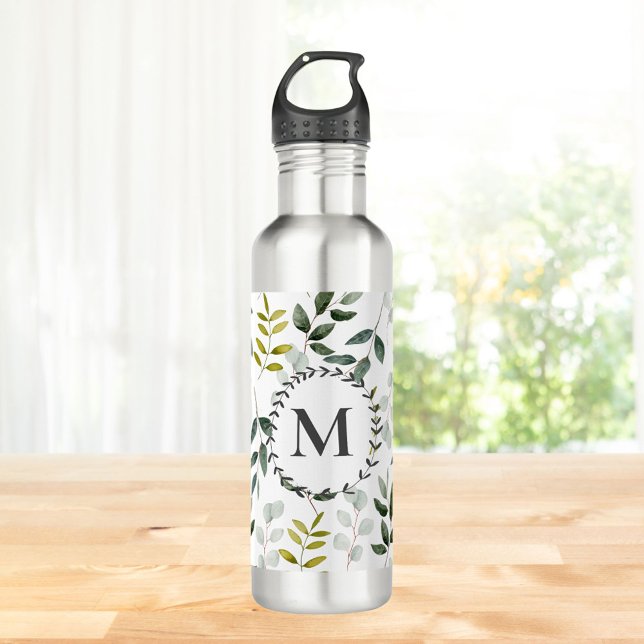 Monogrammed Green Leaves Watercolor Pattern 710 Ml Water Bottle (In situ)