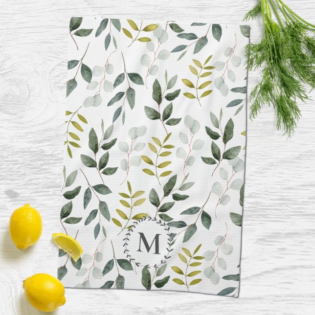 Monogrammed Green Leaves Watercolor Pattern Kitchen Towel (In situ kitchen table)
