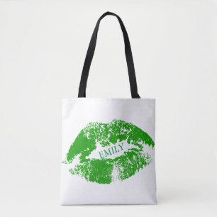 Monogrammed Green Lips Tote Bag
